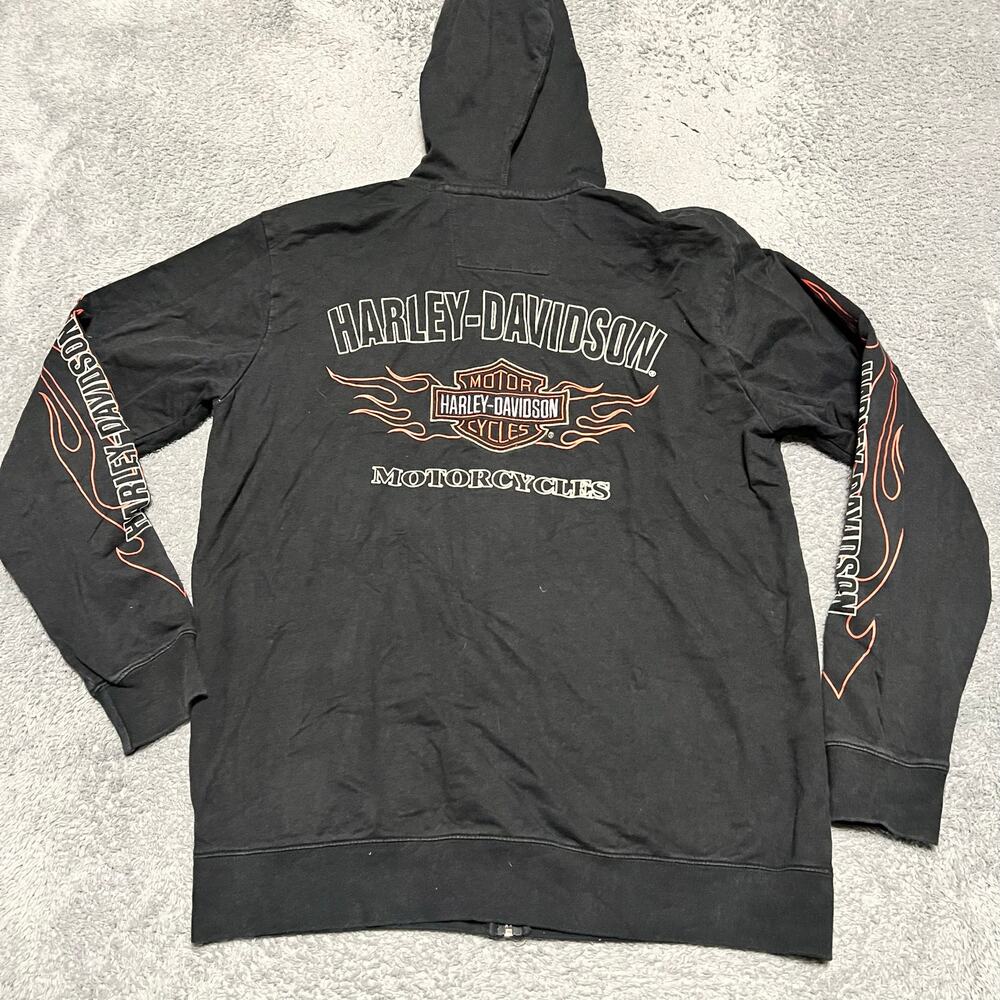 Vintage Y2K Harley Davidson Flames Sleeve Full Zip Hoodie Sweatshirt Mens L